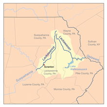 Map of northeastern Pennsylvania, with county borders indictated and the Lackawanna and Lackawaxen watersheds highlighted in yellow.