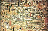 English: A mural painting from Cave 61 at the Mogao Caves, depicting Tang dynasty monastic architecture from Mount Wutai.