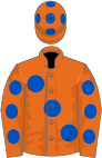 Orange, large blue spots, orange sleeves, blue spots, orange cap, blue spots