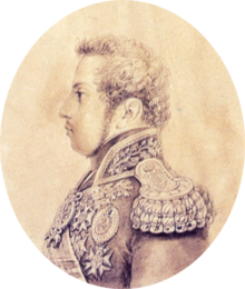Half-length pencil or silverpoint sketch showing a young man with curly hair and long sideburns facing left who is wearing an elaborate embroidered military tunic with heavy gold epaulets, sash and medals
