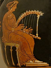 Art from Greek vase showing a woman playing triangular frame-harp