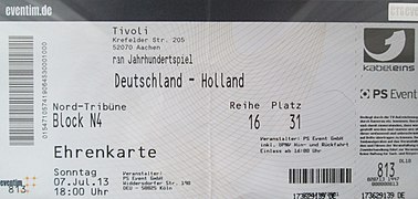 A ticket for a match between Germany and the Netherlands, played in the Tivoli