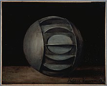 Color photograph of a painting depicting a finned sphere.