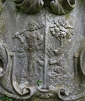 A 1727 tombstone in London (St Andrew's) featuring the Berenberg family's arms (right); it belonged to Sarah Anna Berenberg, a descendant of Berenberg Bank's founders, and her husband. She belonged to a British branch of the Berenberg family.