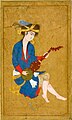 Young man with Iranian rubab (16th cent.), Safavid Empire. The figure-eight shape resembles a tar, but only one side is covered with hide; on the tar, both sides of the instrument are covered in hide. Rubabs had a lower section covered with hide, and an upper, hollow section covered with wood.