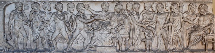 Scenes from the myth of Admetus and Alcestis. Marble, sarcophagus of C. Junius Euhodus and Metilia Acte, 161–170 CE.