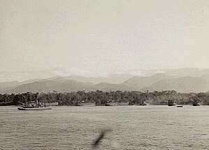 Landing craft unloading on a jungle shore; hazy mountains loom in the distance