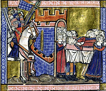 A crowned dead man is carried across a gate of a fortress by 10 people and they are accompanied by armed knights