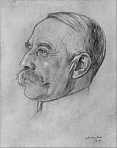 drawing of an ageing man in left profile; he has receding white hair and a large moustache