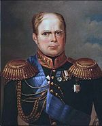Painting shows a balding, square-faced man with blond hair and a receding hairline. He wears a very dark uniform with a blue sash and several awards.