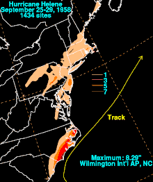 A contoured map of rainfall totals overlaid on a black map with white borderlines. Each tier of contour is shaded in a progressively redder color to denote higher rainfall totals.