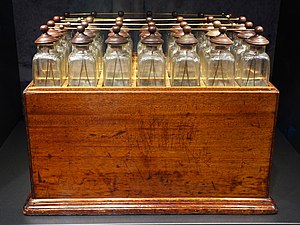 Several Leyden jars connected together = a battery. (18 inches wide × 13 inches deep × 15 inches high)