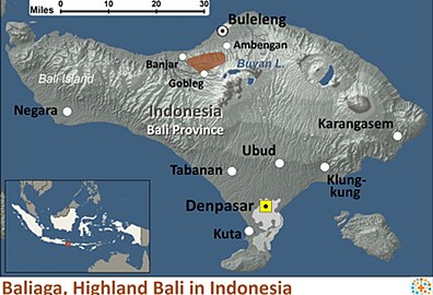 Modern Distribution of Bali Aga people in Bali island. Round white: 10,000 to 75,000 Round white, black dots: 75,000 to 200,000 Yellow box, black dots: 200,000 to 750,000