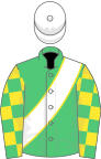 Emerald green, white sash with yellow piping, emerald green and yellow check sleeves, white cap with pompon