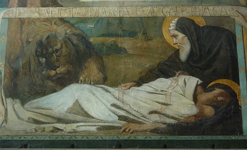 Fresco by Théodore Chassériau (1819-1856) in the third chapel in the northern choir aisle, depiction: Mary the Egyptian is buried by St Zosima, a lion digs her grave