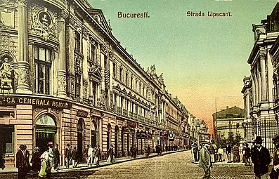 Postal card of the Lipscani Street around 1900, with the National Bank of Romania on the right side