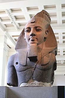 The Younger Memnon (c. 1250 BC), a statue depicting Ramesses II, from the Ramesseum in Thebes. Currently on display at the British Museum in London.