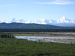 A shallow braided river flows over a plain partly covered by green plants and grasses. Jagged snow-covered mountains rise in the distance.