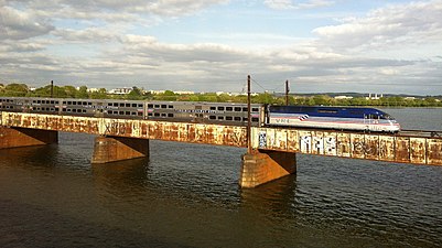 Southbound Virginia Railway Express train on plate girder portion of Long Bridge (2013)