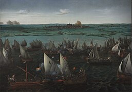 Dutch gueux de mer engage the Spanish at the battle of Haarlemmermeer, 1573; painting by Hendrick Cornelisz Vroom, ca. 1621.