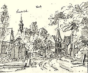 Waalse Kerk vor 1850 (links mit kleinem Turm; im Hintergrund der Turm der Hervormde Kerk)