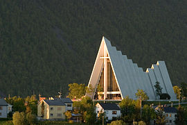 Tromsdalen church "Arctic Cathedral", lightweight concrete, aluminium panels (1965)