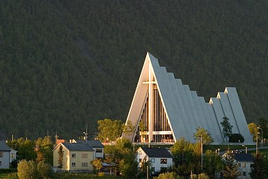 The Arctic Cathedral illuminated by the midnight sun