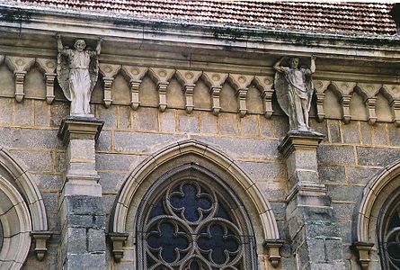Gothic Revival angel atlantes on the Cathedral of Saint Peter of Alcantara, Petrópolis, Brazil, designed by Francisco Caminhoá, 1884–1925