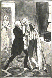 Der Selbstmord Castlereaghs: vorne rechts Castlereagh, der Oberkörper ist blutüberströmt, er taumelt, links stützt ihn sein Arzt. Hinten tritt seine Frau durch eine Tür hinein, sie sieht entsetzt die Szene
