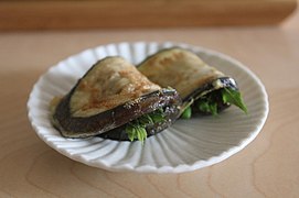 Korean dureup-gaji-jeon (pan-fried eggplants and angelica tree shoots)