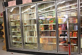Frozen processed food freezer in supermarket