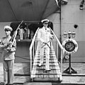Vice Admiral Sir Guy Russell, Commander in Chief Far East Station, leaves his flagship Glory in Kure, Japan, September 1951