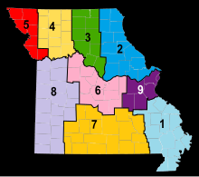 Map of Missouri, showing geographical divisions. Division 1 is in the southeast, Division 2 in the northeast, Division 3 in the east north central, Division 4 in the west north central, Division 5 in the northwest, Division 6 in the central region, Division 7 in the South Central, Division 8 in the west central and southwest, and Division 9 in the east central