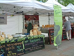 Cheese for sale at a farmers' market in London, United Kingdom