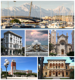 Top: port of Pescara and Gran Sasso d'Italia Centre: Palazzo Imperato; Fountain La Nave; and Church of the Sacred Heart Bottom: Palazzo di Città; and Aurum Museum