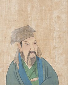 Painting of a scholarly man with a beard, wearing a blue robe and a gray headcloth, on a pale background.