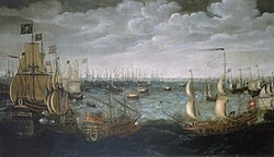 English fireships launched at the Spanish armada off Calais (N.S.)