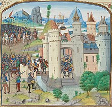 A colourful image of mounted knights in close-quarters combat