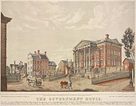 Government House in Manhattan, built in 1790–1791, was designed to be the permanent presidential mansion, but Congress moved the national capital to Philadelphia before its completion.