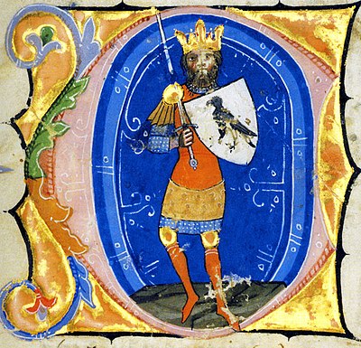 Chronicon Pictum, Attila, Hun, Hungarian, King, Turul, Turul bird, sword, shield, medieval, chronicle, book, illumination, illustration, history