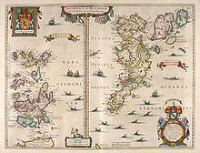 An old map of two island groups with the Orcades at left and Schetlandia at right. A coat of arms at top left shows a red lion rampant on a yellow shield flanked by two white unicorns. A second heraldic device is shown at bottom right below the Oceanus Germanicus. This has two mermaids surrounding a tabula containing very small writing, topped by a yellow and blue shield.