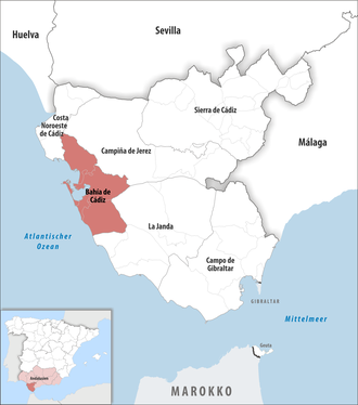 Die Lage der Comarca Bahía de Cádiz in der Provinz Cádiz