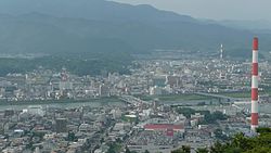 Panorama view of Agata and Nakashima, other downtown areas and the Ose River in Nobeoka, from Mount Atago.