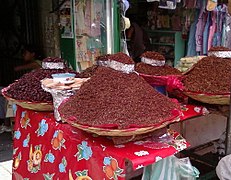 Chapulines (dried grasshoppers) for sale at a market