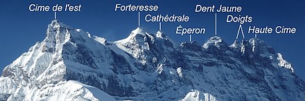 Tooth-like vertical rocky surface covered with snow. The names of the mountains appear in white above each peak. From left to right: Cime de l'Est, Forteresse, Cathédrale, Éperon, Dent Jaune, Doigts et Haute Cime