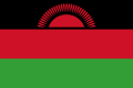 The flag of Malawi, a charged horizontal triband.