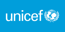 A UN-blue colored flag with the logo of UNICEF centered in the middle in white
