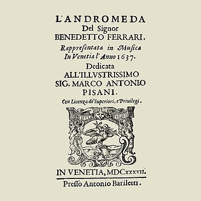 Reproduction of the title page of the libretto of L’Andromeda (1637)