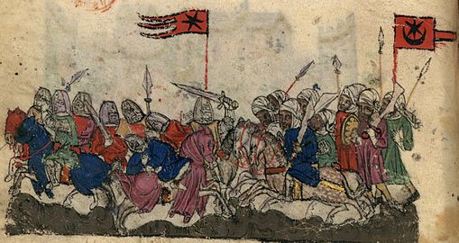 Depiction of a star and crescent flag on the Saracen side in the Battle of Yarmouk (manuscript illustration of the History of the Tatars, Catalan workshop, early 14th century).