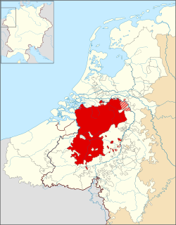 The Duchy of Brabant within the Seventeen Provinces of the Low Countries and the borders of the Holy Roman Empire (thick line)